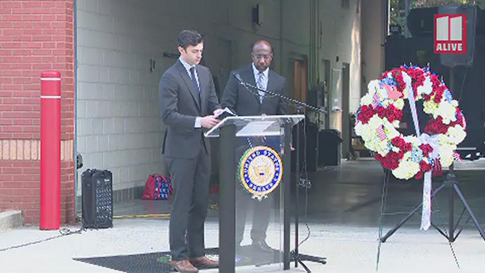 He and Sen. Rev. Raphael Warnock laid a wreath at a South Fulton firehouse in honor of the victims of 9/11.
