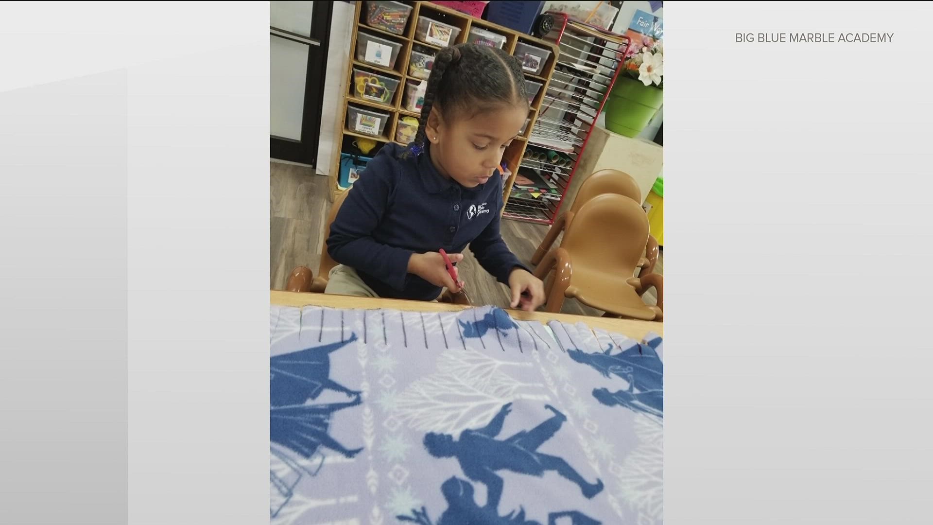 Kids at Big Blue Marble Academy are handmaking 'Blankets of Love' as part of their network-wide annual winter Heart Project.