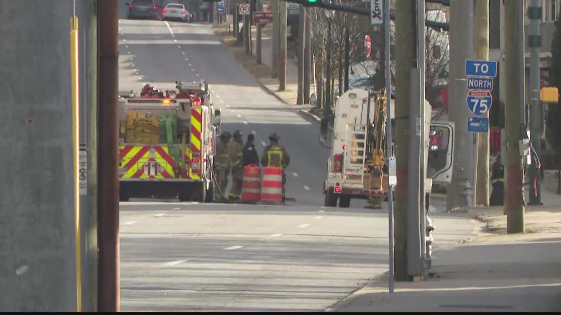 According to Atlanta Fire, a construction crew on Spring Street hit a gas line and ruptured it.