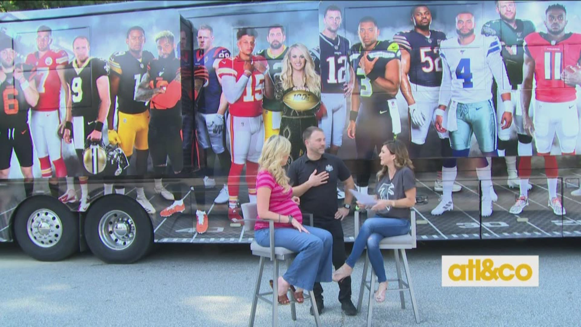 Christine and Cara preview the Sunday Night Football on NBC Bus with tour manager Rick Hewitt.