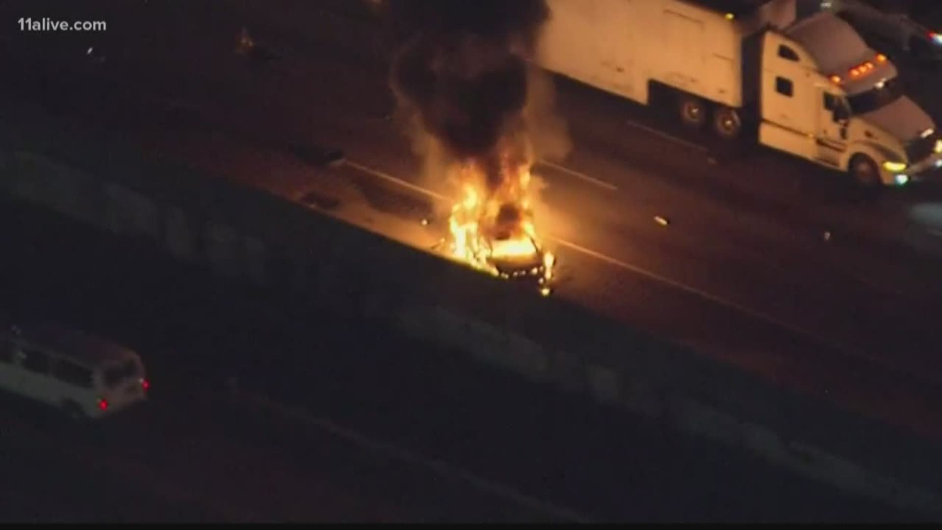 A car fire on I-85 northbound Monday morning left motorists with a harrowing echo of a massive fire on the same freeway this weekend, in almost the same spot.