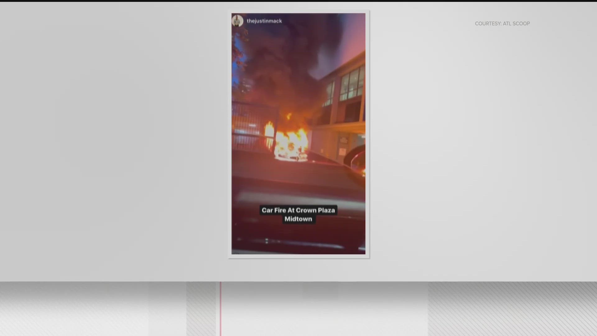 11Alive obtained video, which appears to show a car caught fire by Crown Plaza in Midtown around 9:15 p.m.
