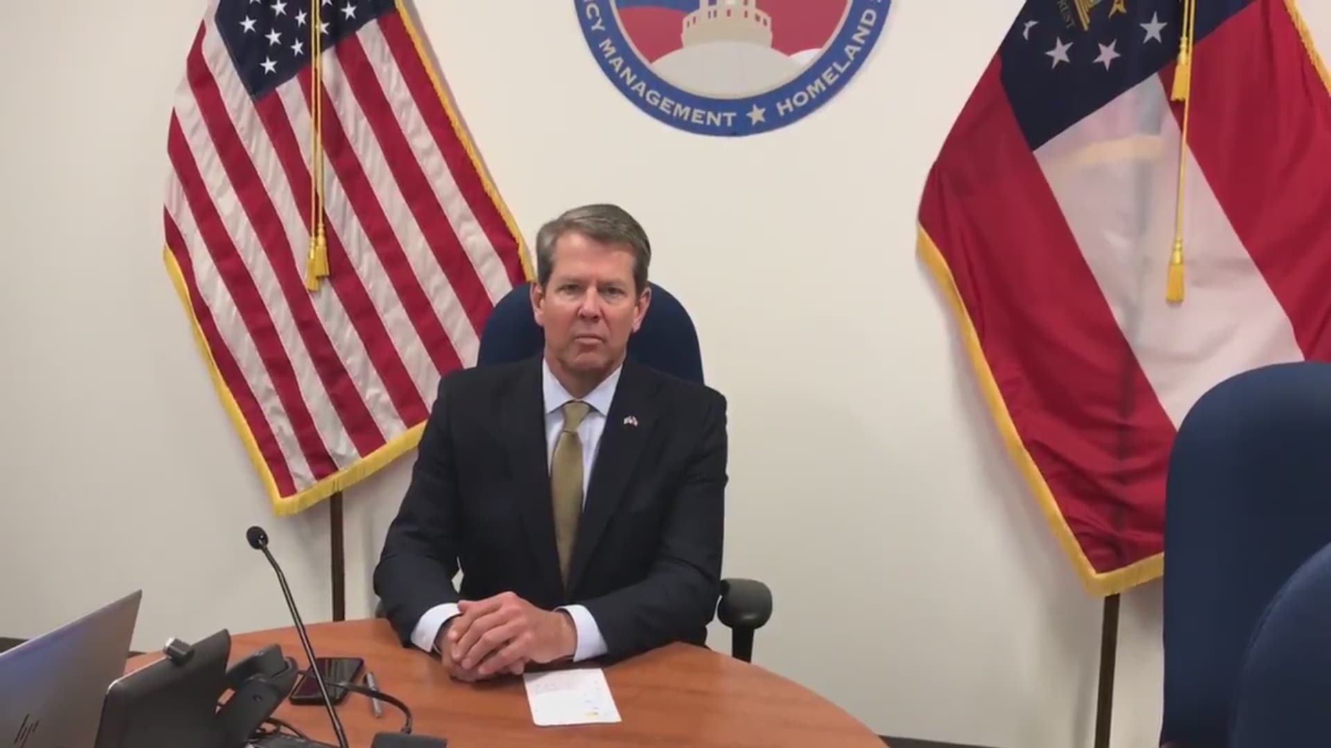 Georgia Gov. Brian Kemp speaks to state residents following a conference call with other state governors and President Trump about details preparations for Hurricane Dorian.
