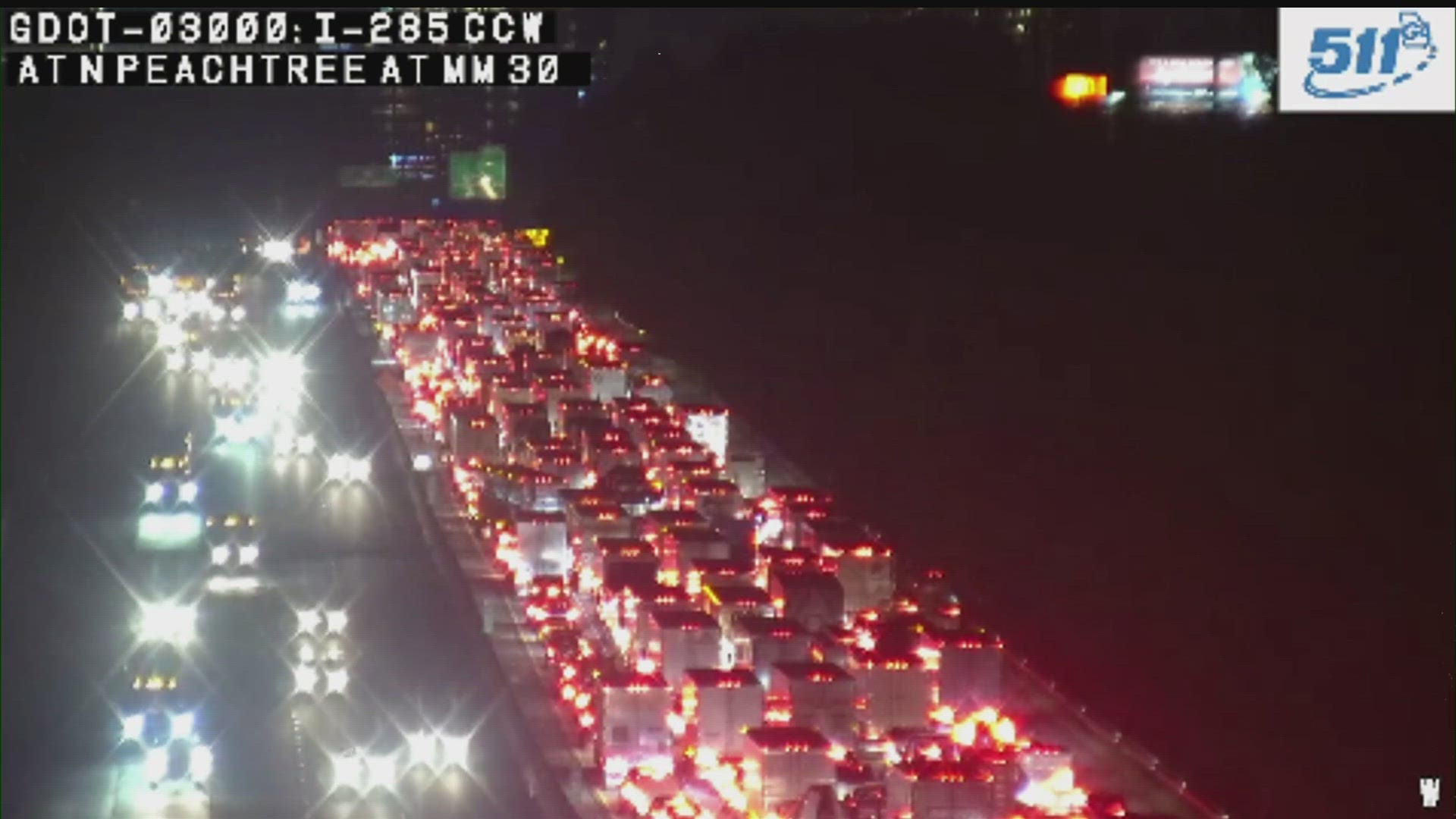 Nearly all lanes are closed on Interstate 285 heading westbound in Dunwoody due to a crash, according to officials on Wednesday.