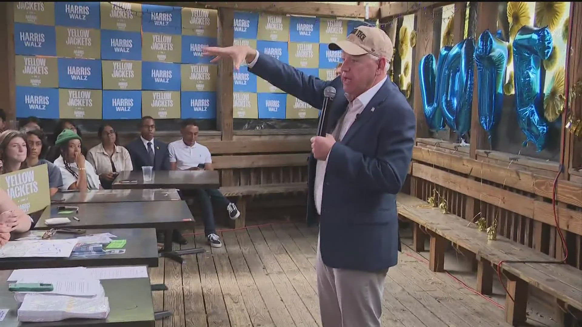 Democratic vice presidential candidate Tim Walz stumped Tuesday in metro Atlanta, talking with college-age voters at two campuses.