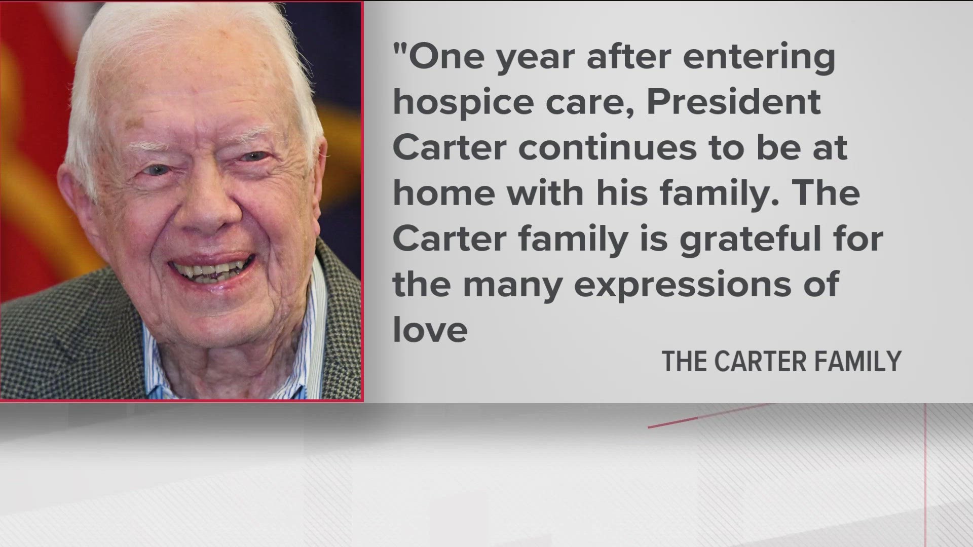 Sunday, Feb. 18, was one year since Jimmy Carter entered hospice care.