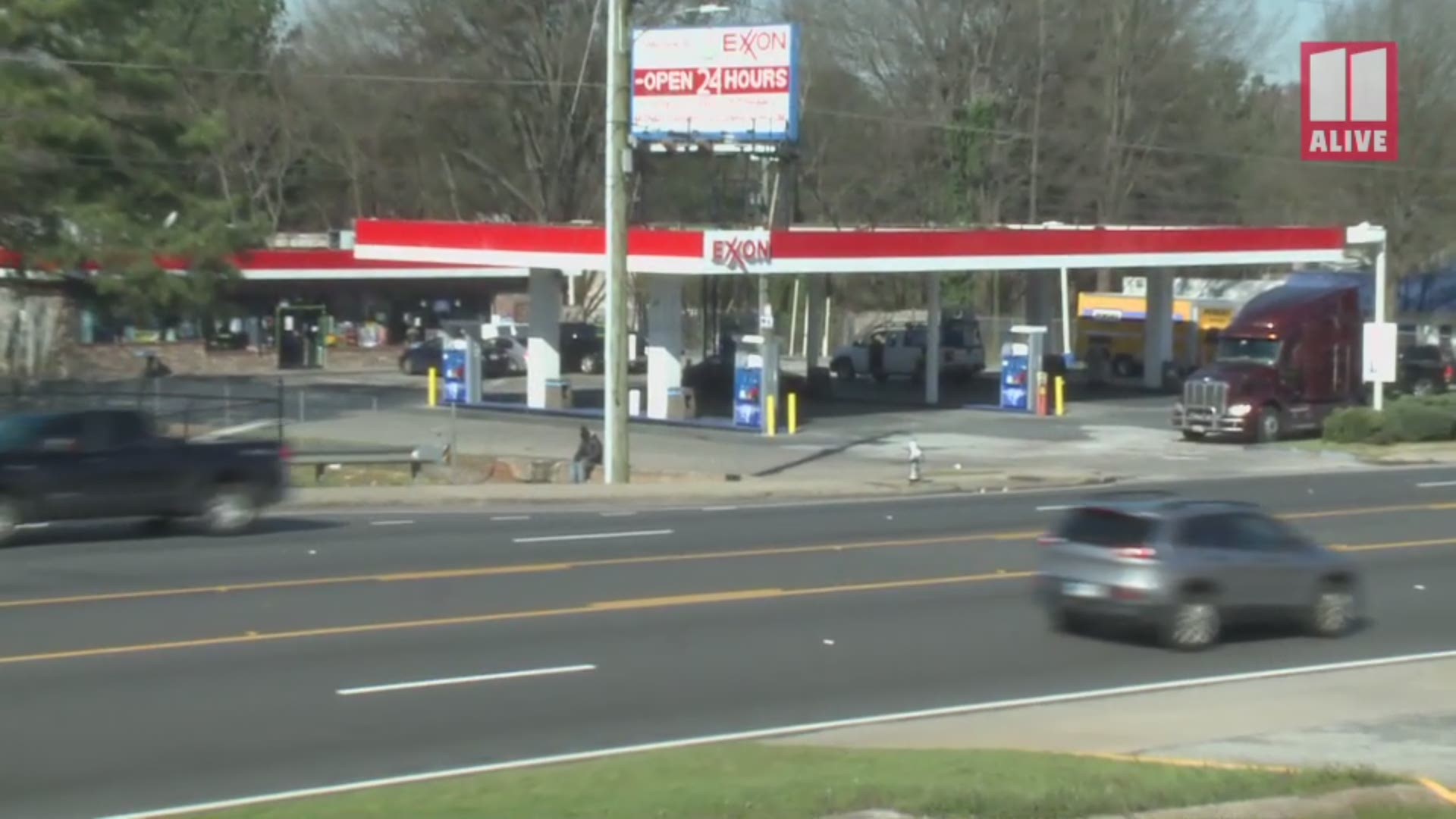 Atlanta Police said a female victim was shot in the leg by her boyfriend during a dispute at a gas station Saturday morning. He fled before police arrived.