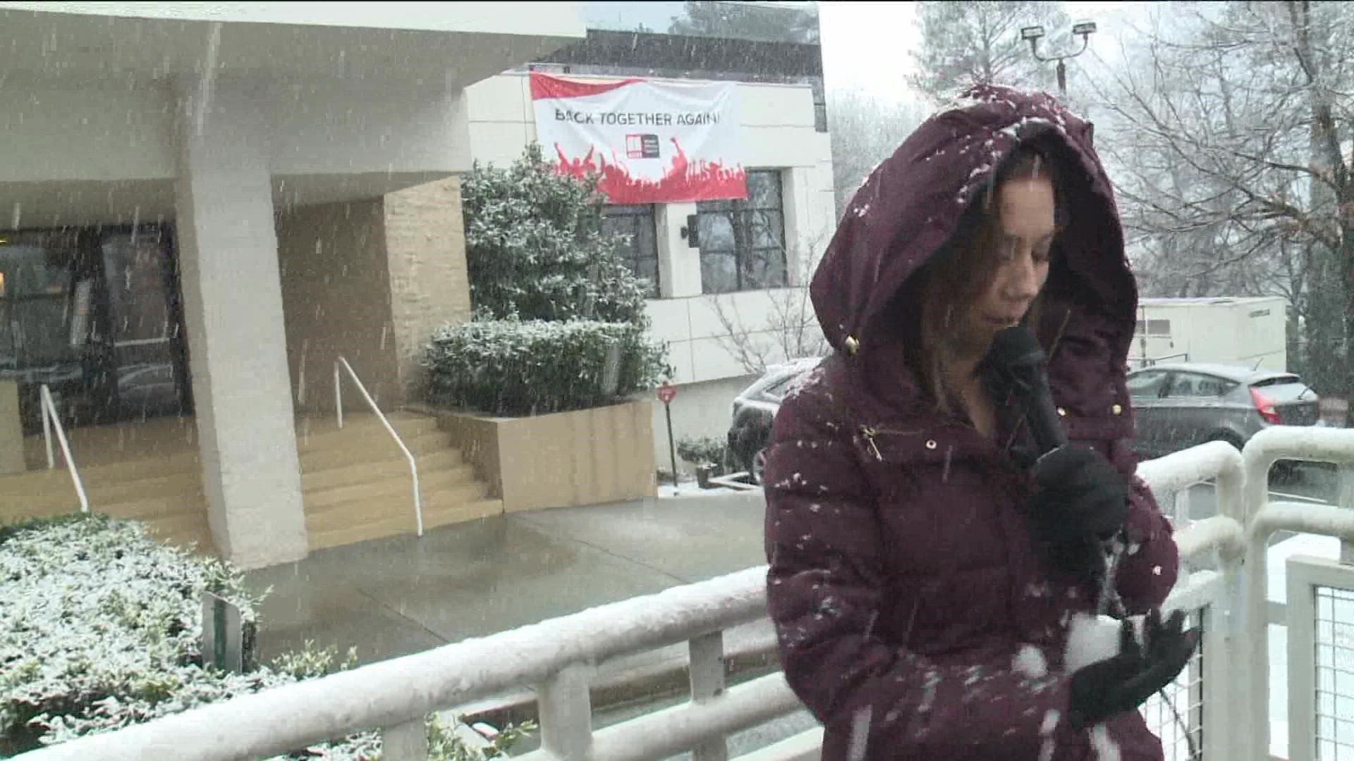 While doing her live shot, 11Alive meteorologist Melissa Nord got hit by a snowball by TrafficTracker Crash Clark.