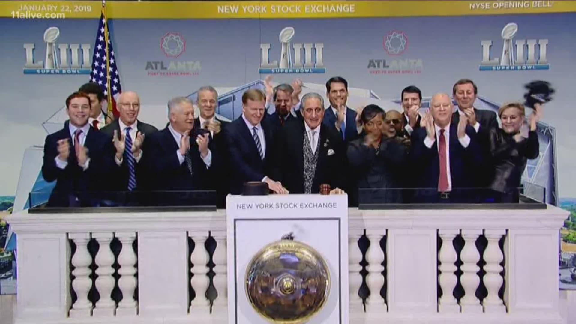 NFL Commissioner Roger Goodell joined Atlanta Falcons owner and chairman Arthur Blank in opening the trading day on the New York Stock Exchange.