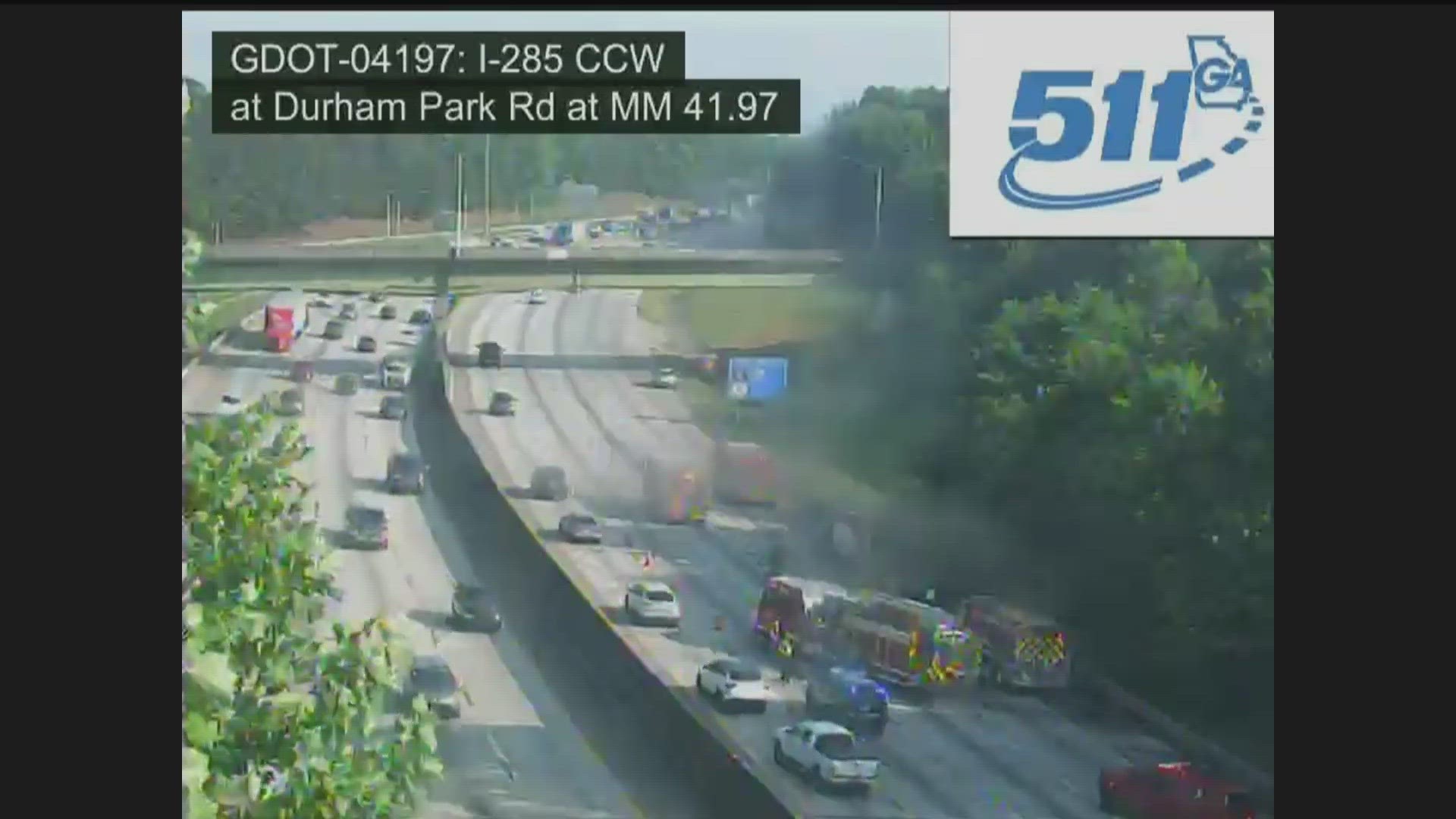 Multiple lanes of I-285 south are currently closed after a U-Haul truck filled with tires went up in flames Wednesday afternoon, DeKalb Fire officials said.