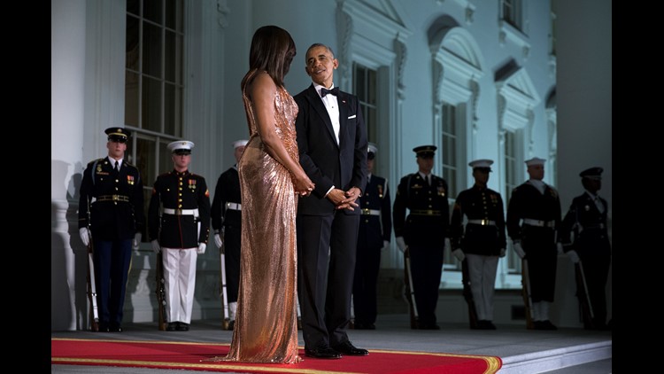 first lady state dinner dress Melania Trump shows off shoulders in bold yellow gown at UK state banquet
