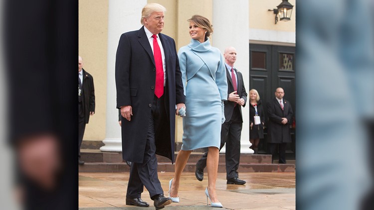 melania trump blue dress inauguration debuts sky Ralph Lauren inaugural outfit COLOUR:PATTERN BERRY Deepika Arora - Off-Shoulder