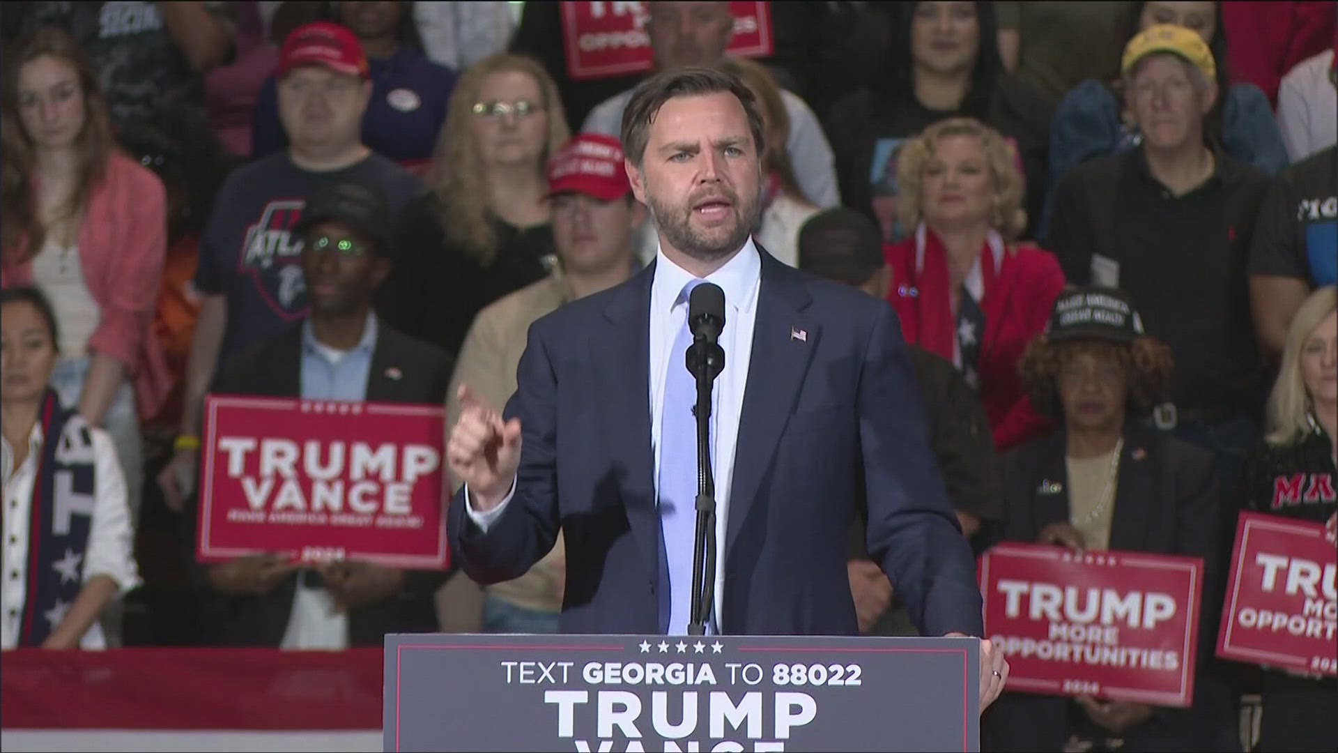 Georgians waited for hours in line to see Sen. JD Vance speak in Atlanta on Saturday morning with just 10 days left until this year's pivotal presidential election.