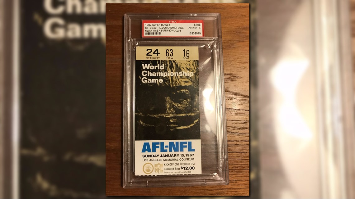 Souvenir ticket stub for the very first Super Bowl game that was held at  the Los Angeles Memorial Coliseum in 1967 and was called the AFL-NFL World  Championship Game between the Green