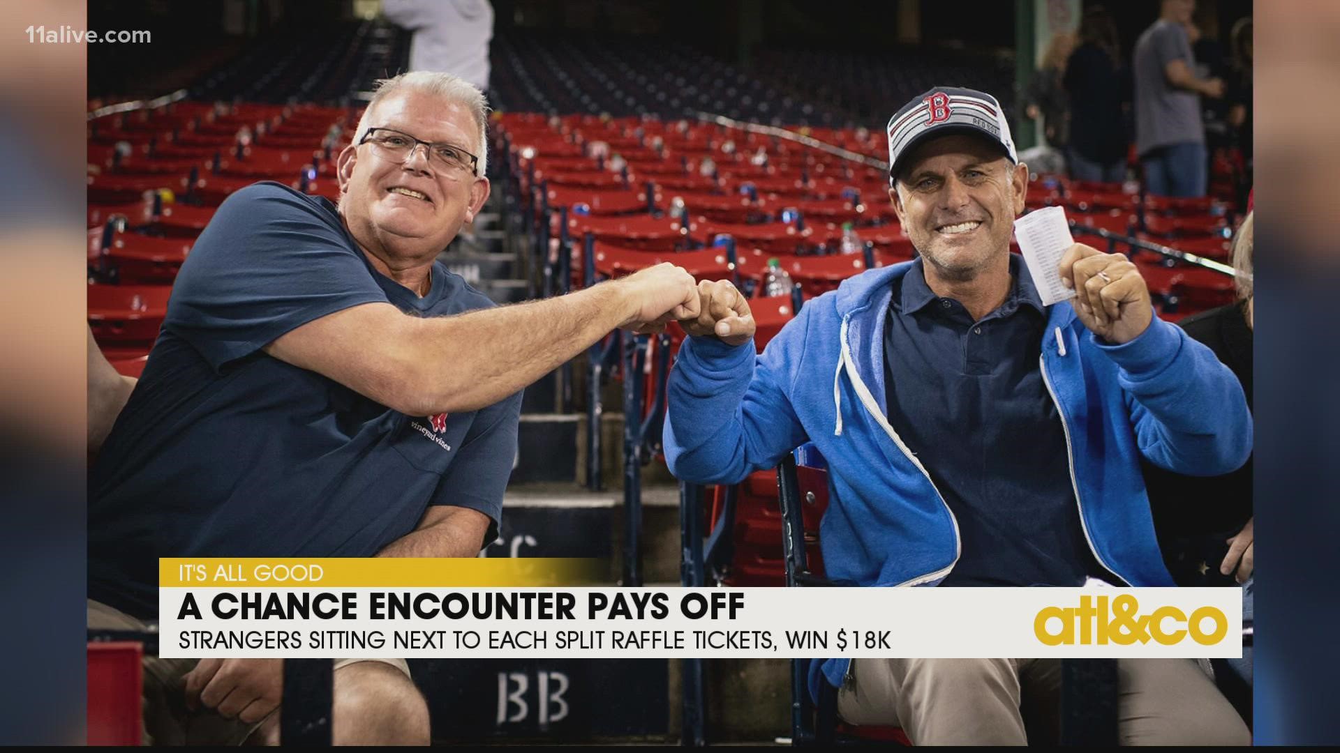 Two random baseball-loving strangers at a Red Sox game agreed to split over $18,000 in a raffle and they WON!