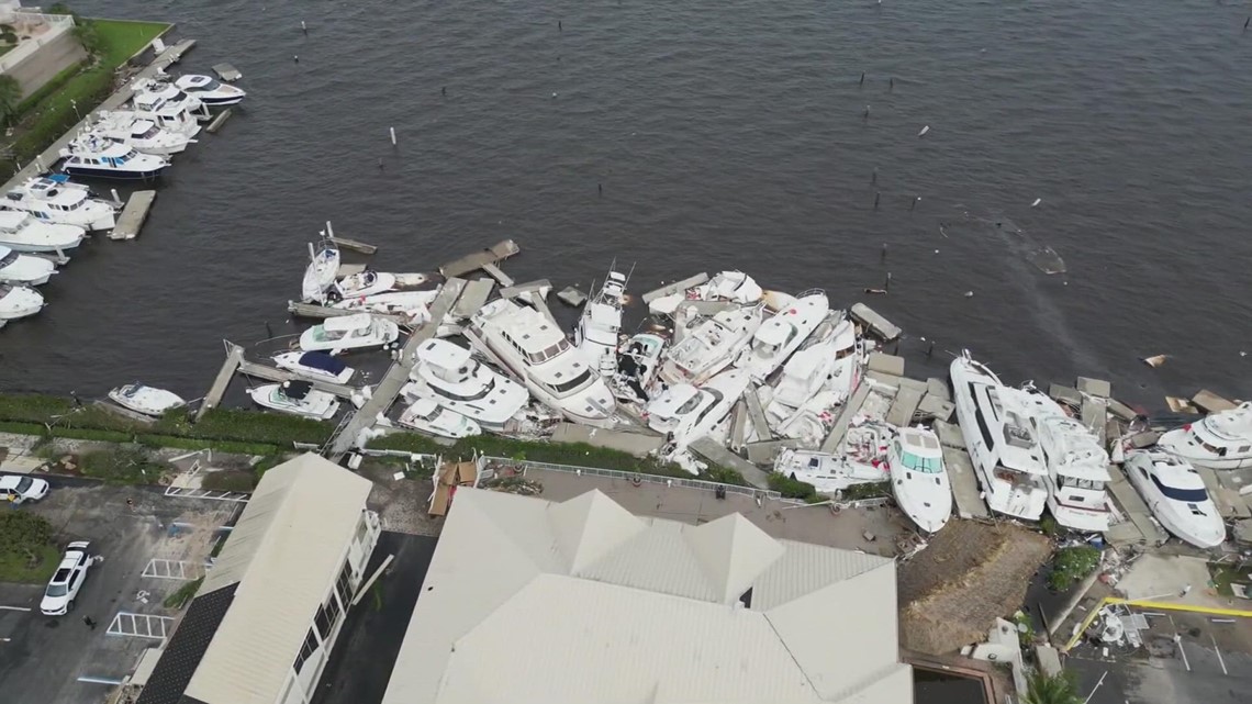Boats piled up at Fort Myers after Hurricane Ian rips through Florida