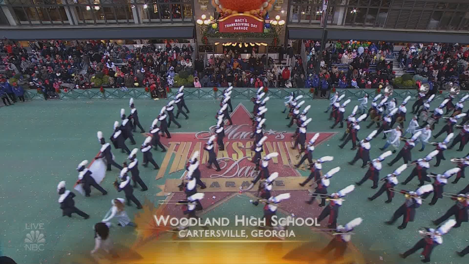 Watch Woodland High School marching band performs in Macy's