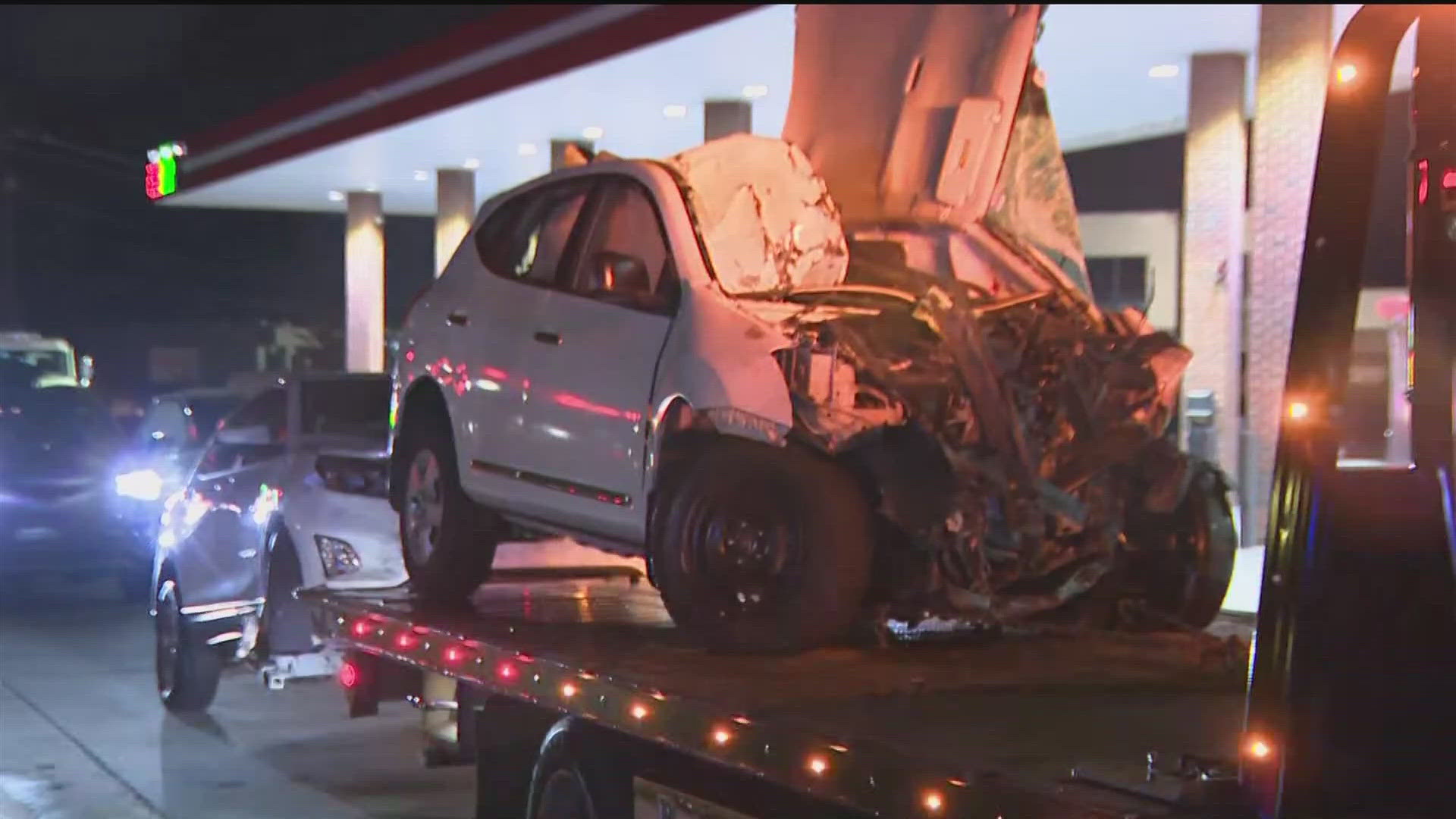 All lanes are blocked on a busy road in Gwinnett County following a multiple-vehicle crash on Wednesday night.