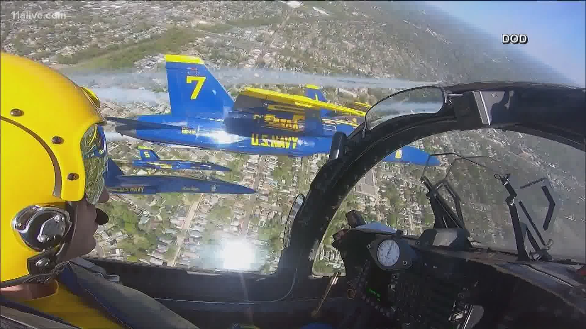 The Navy Blue Angels and Air Force Thunderbirds will fly over much of metro Atlanta on Saturday afternoon as a thank you to the first responders on the front lines.
