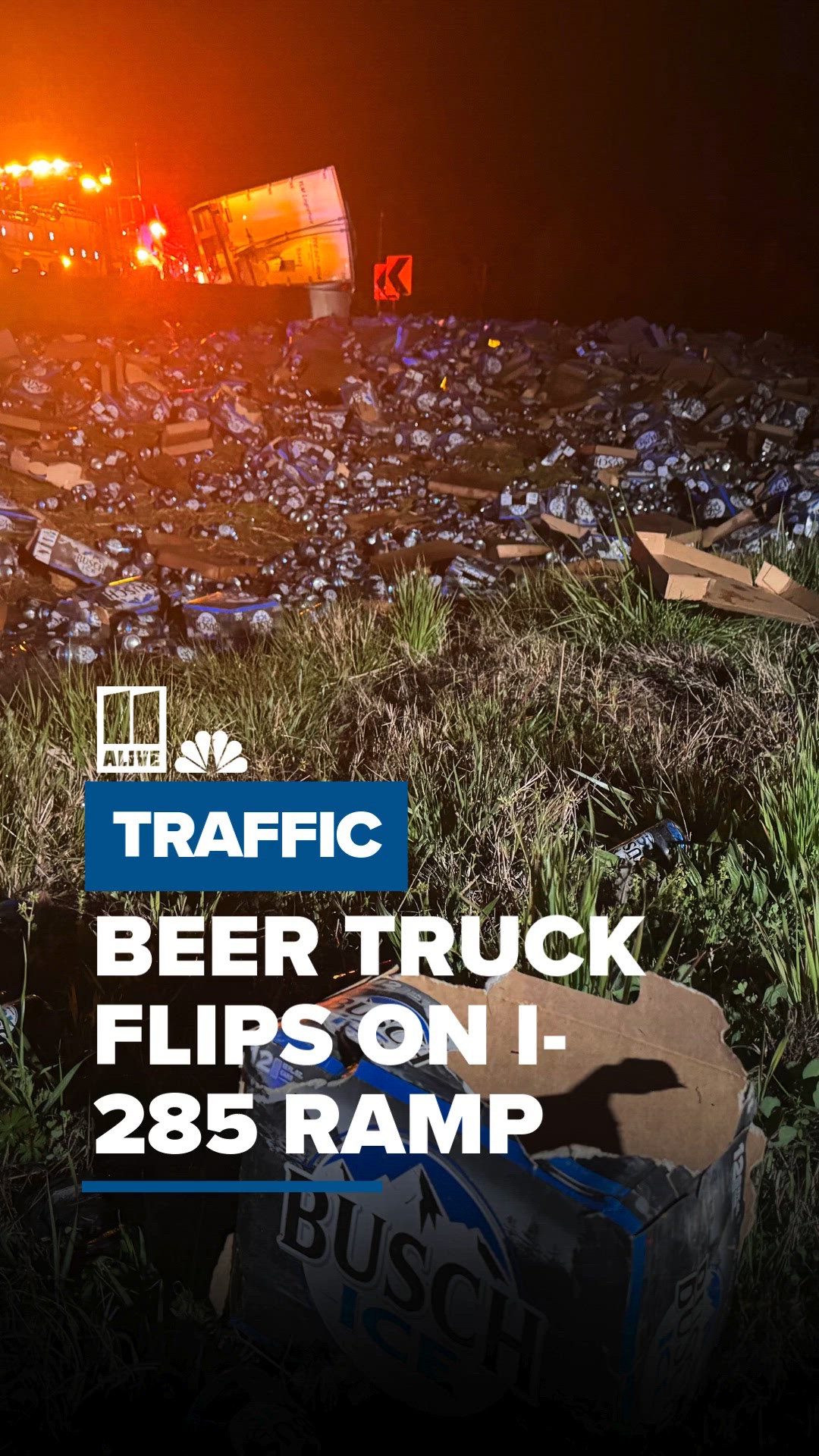 Busch Ice beer covered the ground after a truck overturned on the I-285 SB exit to I-20. See the scene up close.
