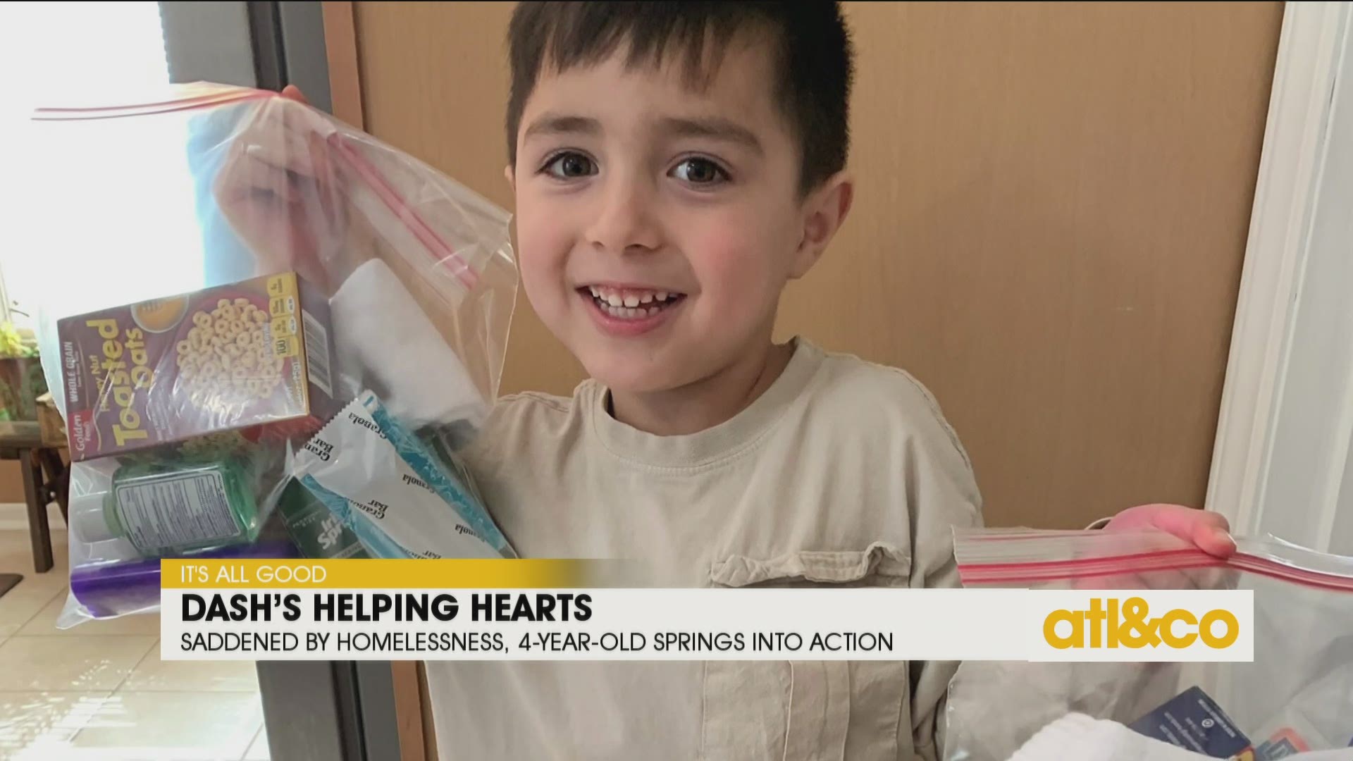 Young Dash Gutierrez and his mom have filled dozens of gallon freezer bags with toiletries, masks, gloves, snacks, and more for their area homeless population.