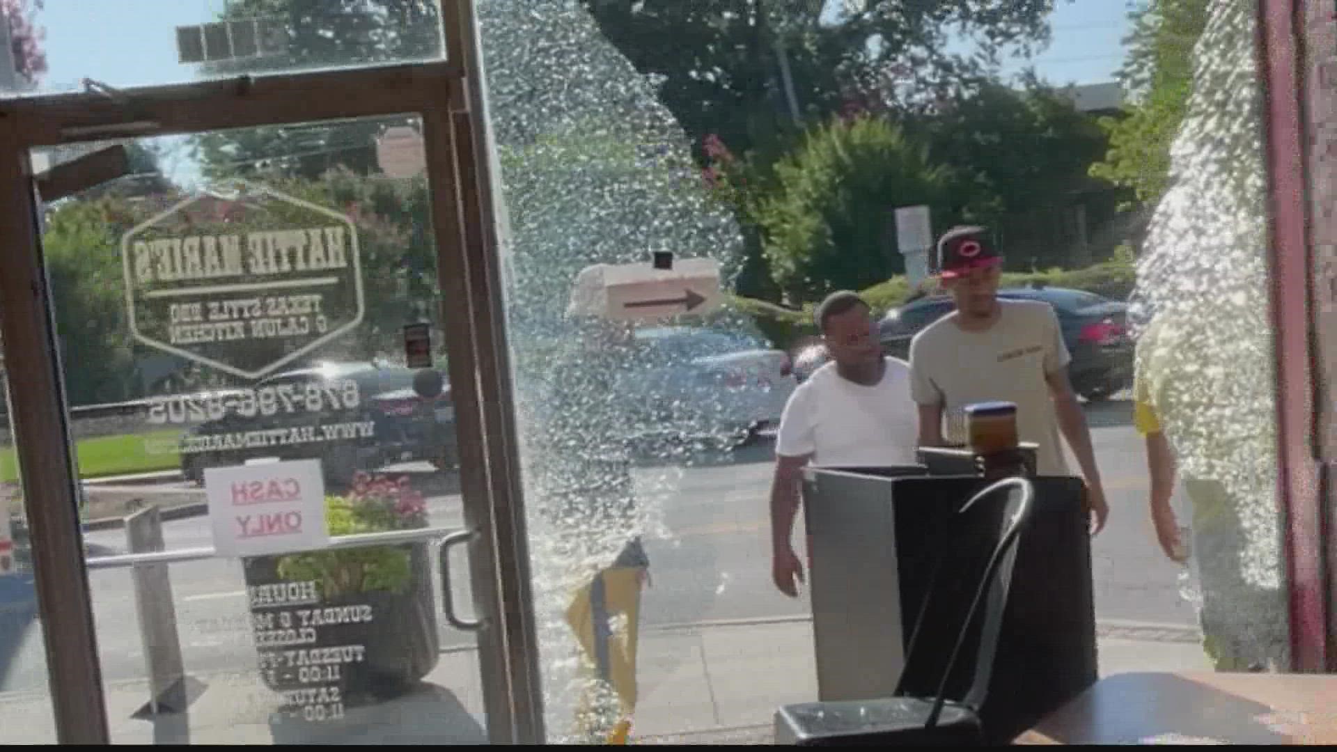 The owners of Hattie Marie's BBQ arrived to find the front window completely shattered.