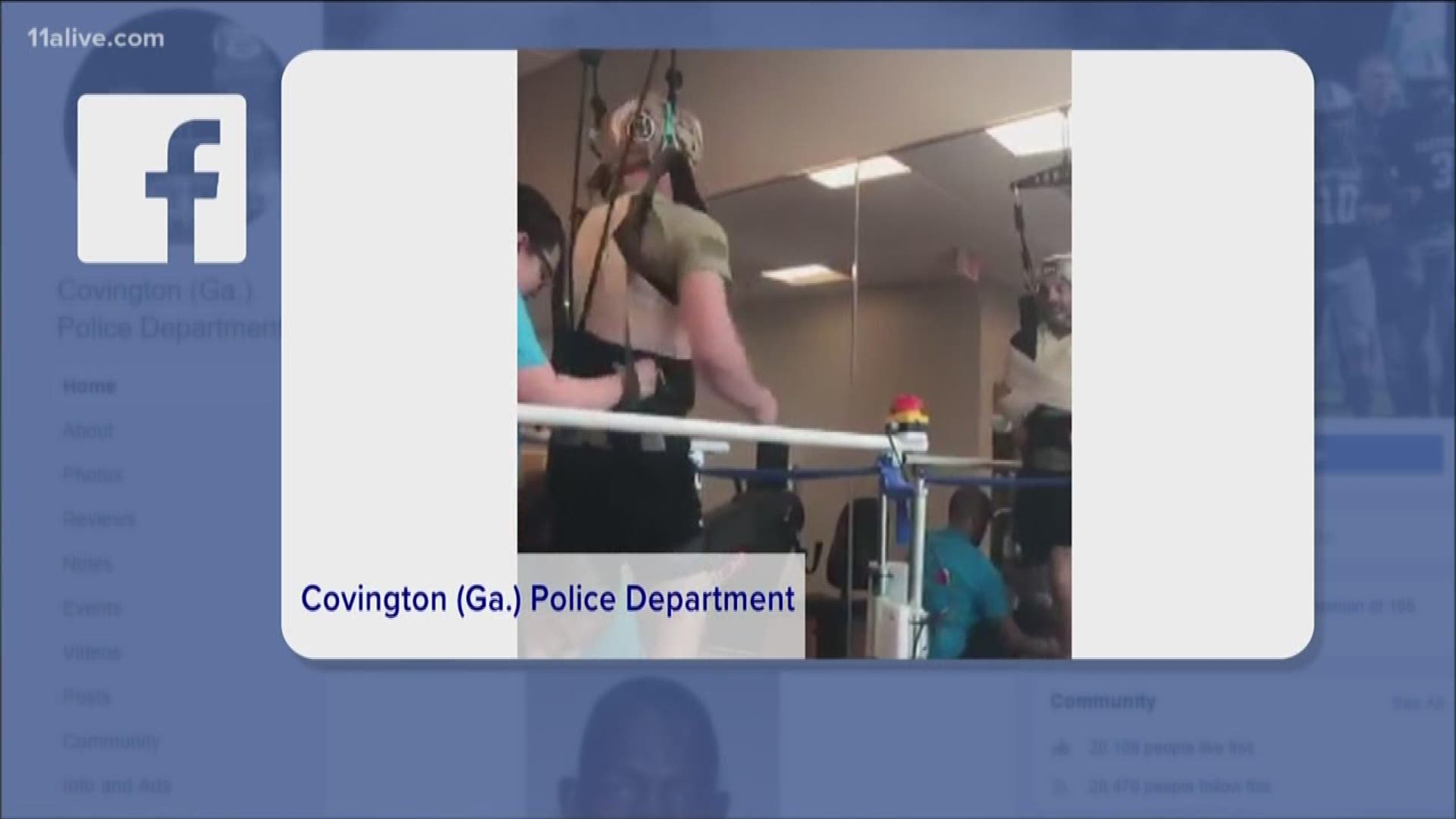 The police department posted a video on its Facebook page of Matt Cooper being assisted by others on the treadmill.