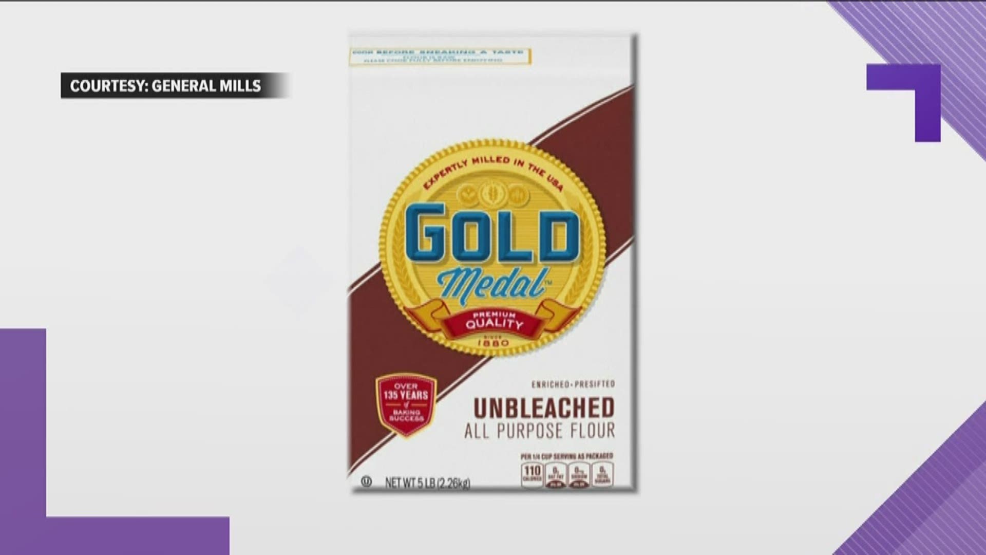 The recall involves 5-pound bags of Gold Medal Unbleached Flour with a specific 'best by' date.