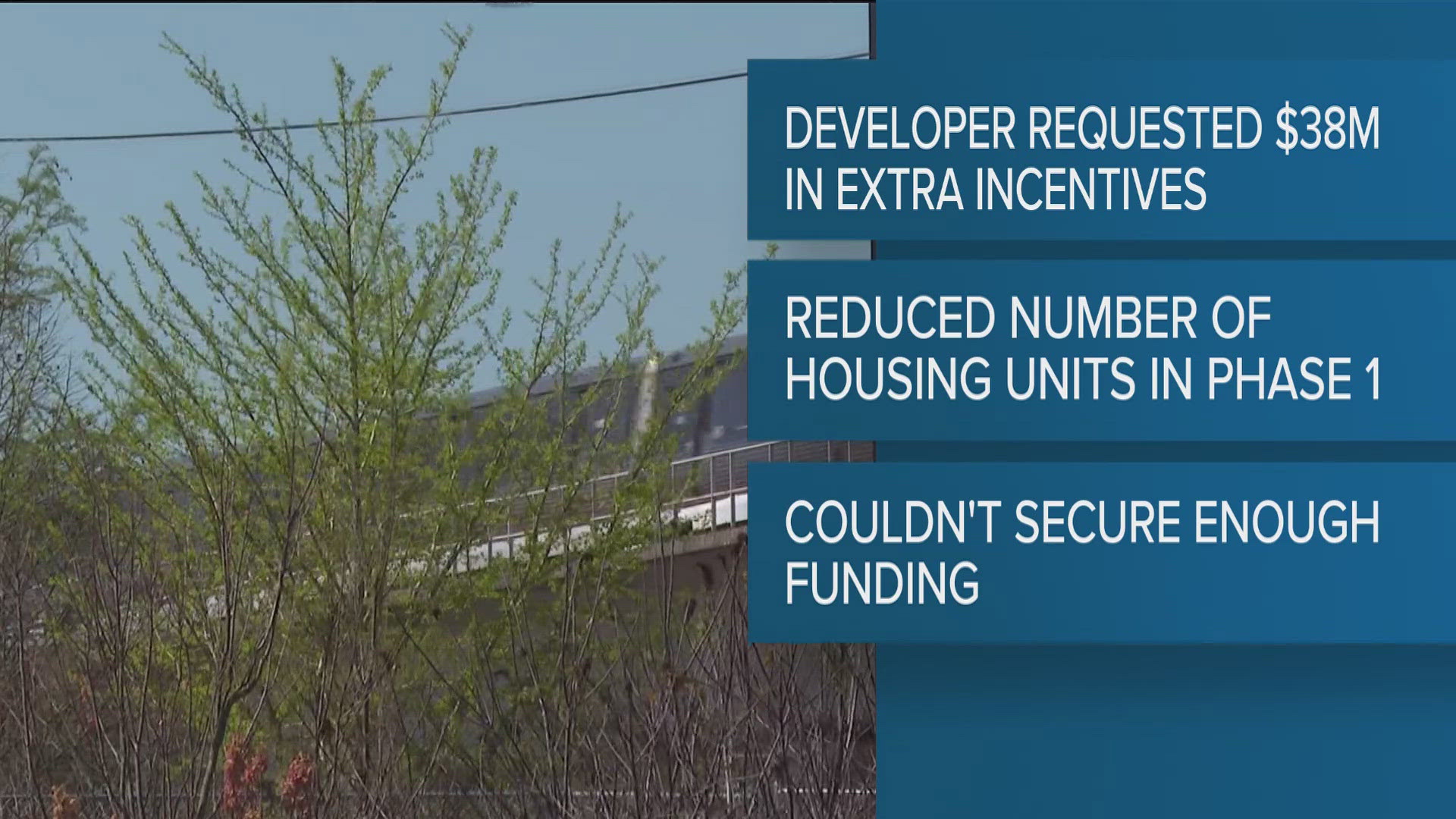 The 20-acre site on the Westside Trail was set to feature more than 1,000 housing units and retail space. 