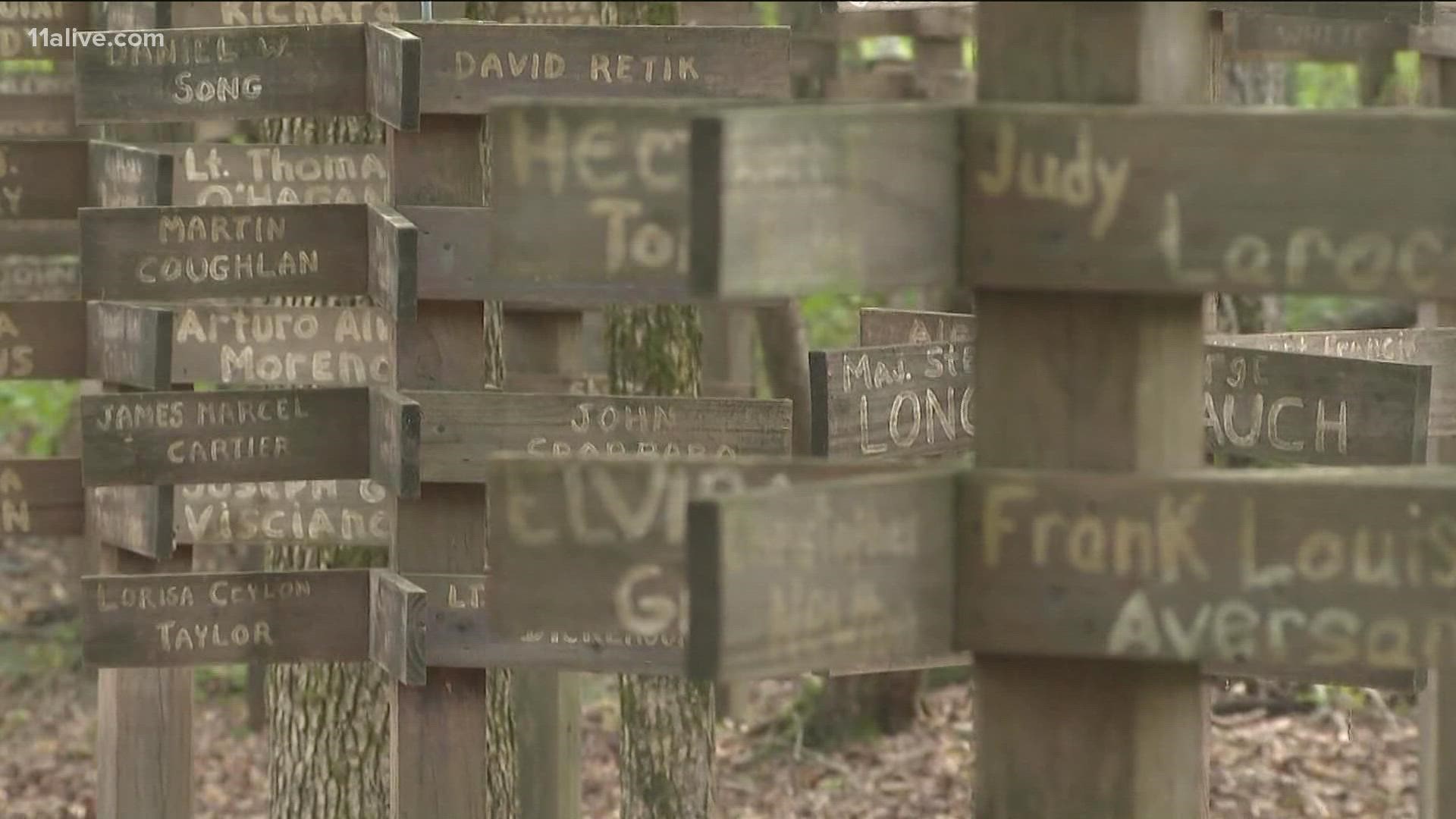 His homemade memorial is in a quiet patch of woods just outside of Athens.