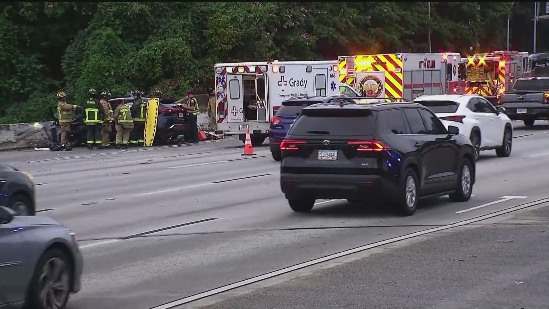 A multi-vehicle wreck has multiple lanes closed on I-85 South entering Atlanta on Monday morning.