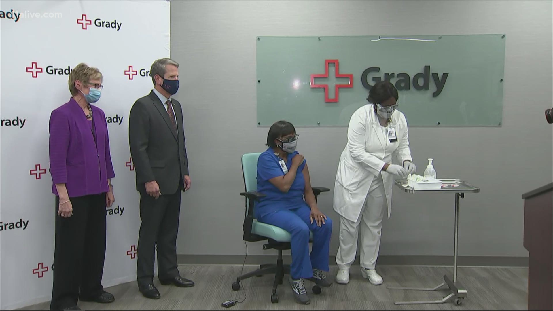 The vaccine was administered at Grady Memorial Hospital in Atlanta on Thursday.
