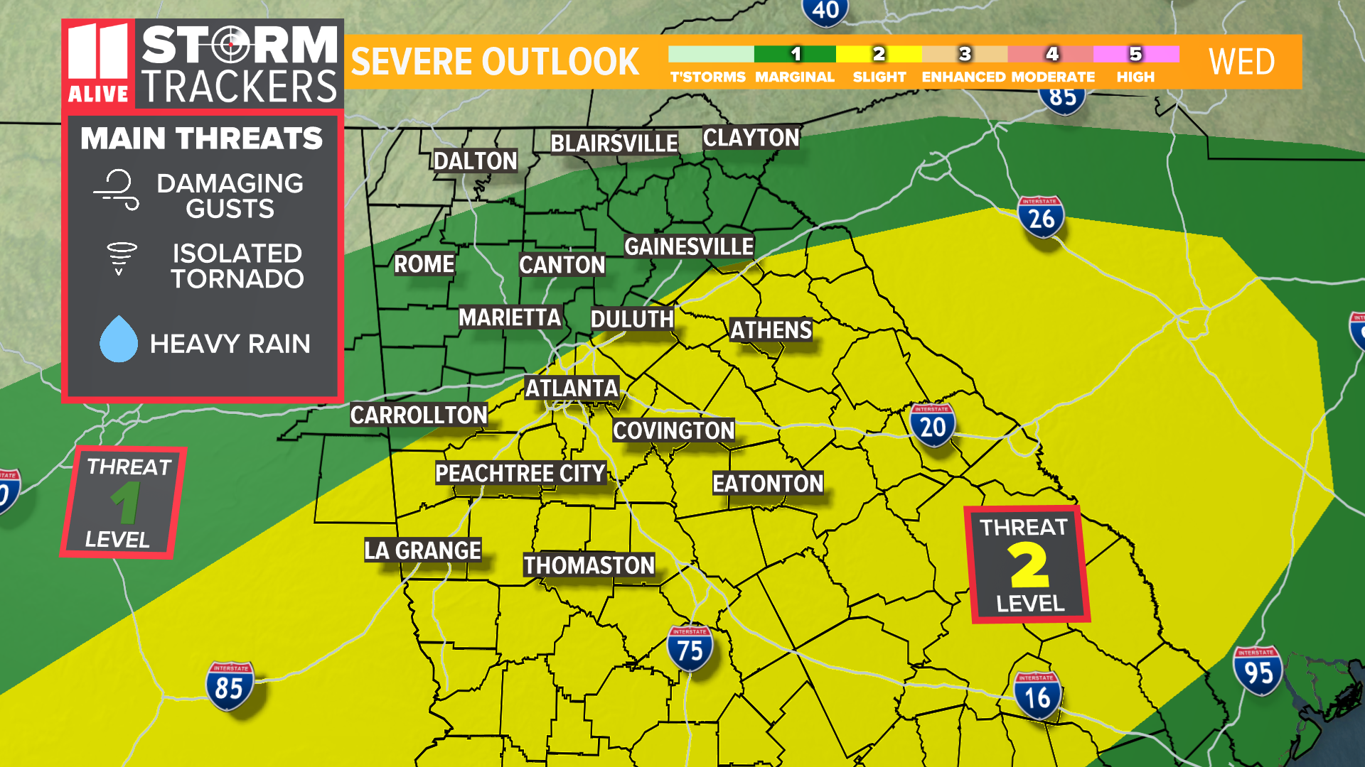 Scattered severe storms are possible near and south of I-85 this afternoon and evening