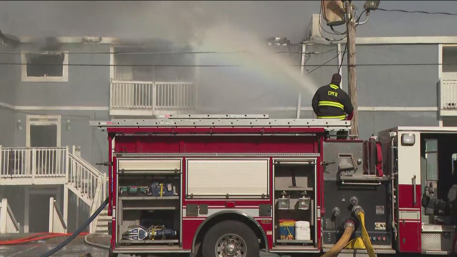 11Alive crews are still seeing flames on and off, and water hoses running constantly as firefighters continue to work to battle the fire.