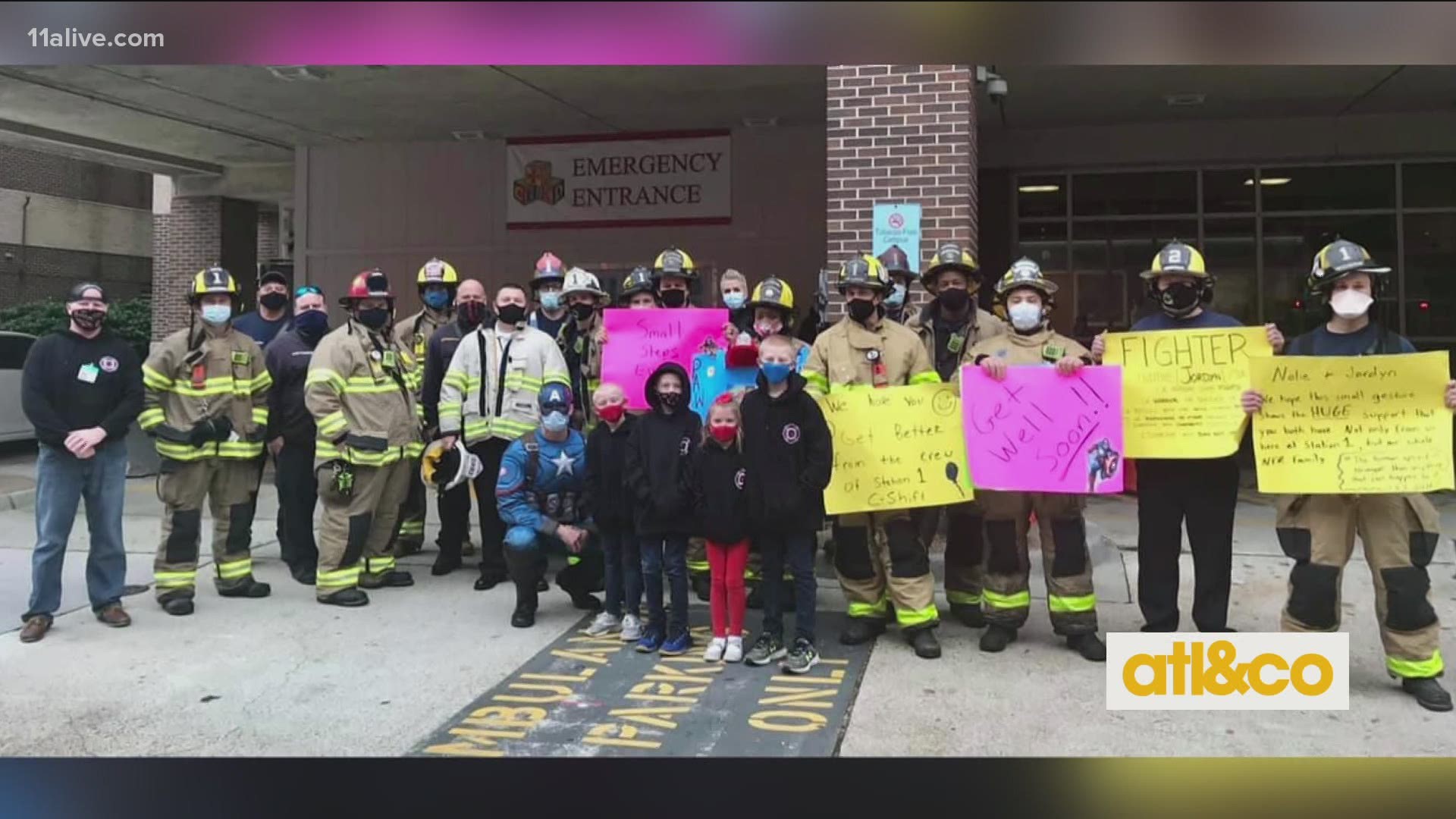 Firefighters and Captain America raised their ladders to the 5th floor of the children's hospital and surprised 4-year-old Nolan Turner, who's battling lymphoma.