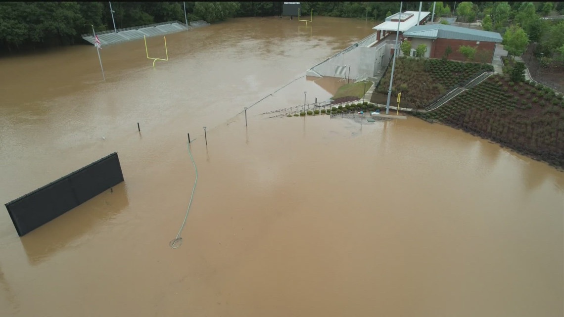 Westminster High School football field severely floods during Helene ...