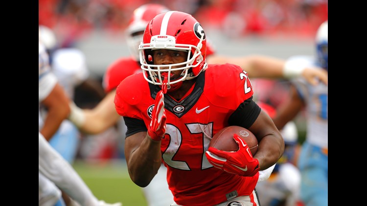 Georgia Bulldogs running back Nick Chubb (27) celebrates his