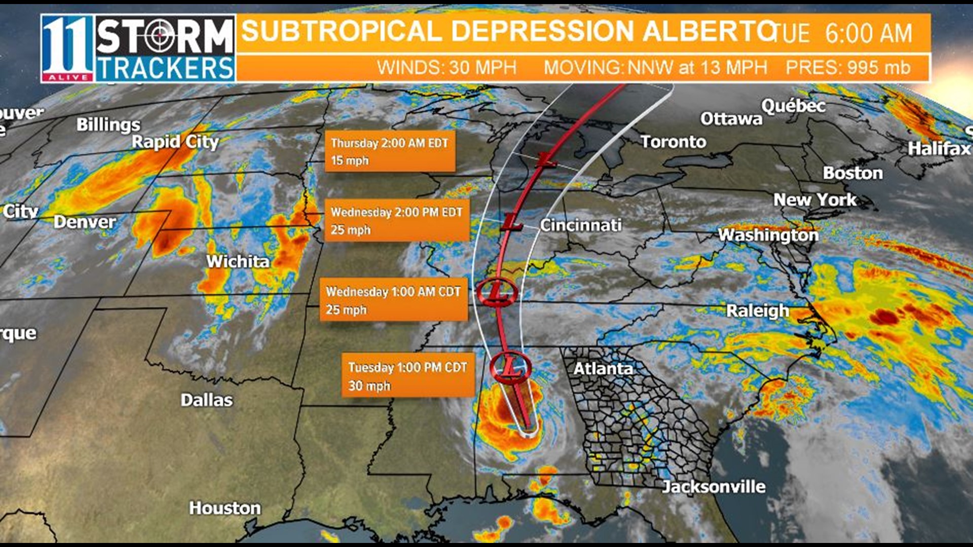Alberto track Forecast cone, wind threat and radar image