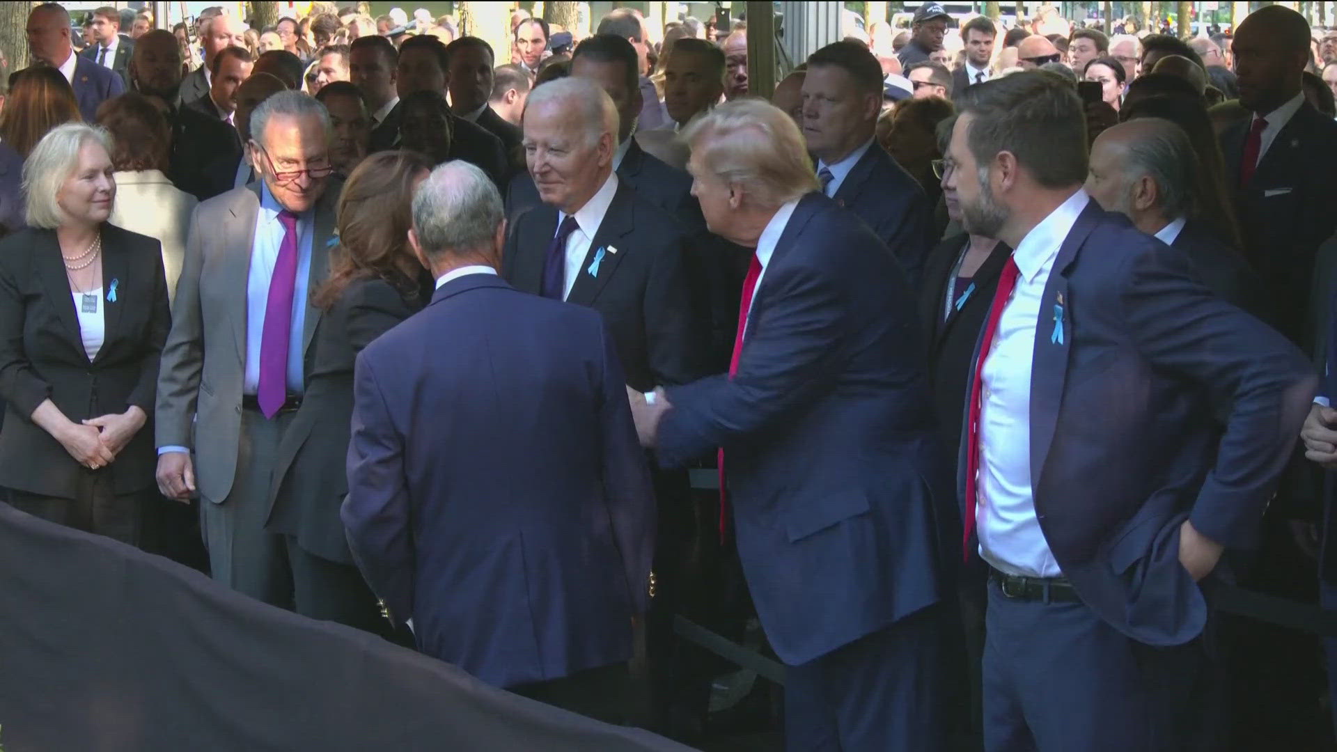 Coming off their first presidential debate, Vice President Kamala Harris and Former President Donald Trump are both part of remembrances, sitting a few seats apart.