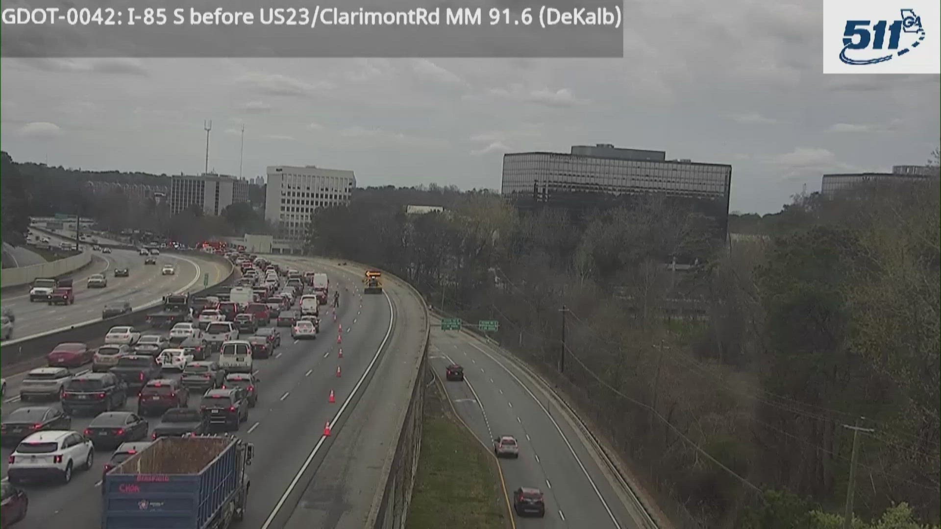 According to information from the Georgia Department of Transportation, four right lanes remain blocked on I-85 South, just before the Clairmont Road exit -- exit 91