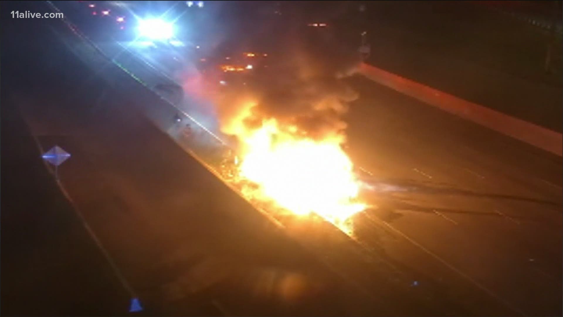 A massive tractor-trailer fire caused an hours-long delay on Interstate 285 eastbound at Interstate 75 in Cobb County early Tuesday morning.