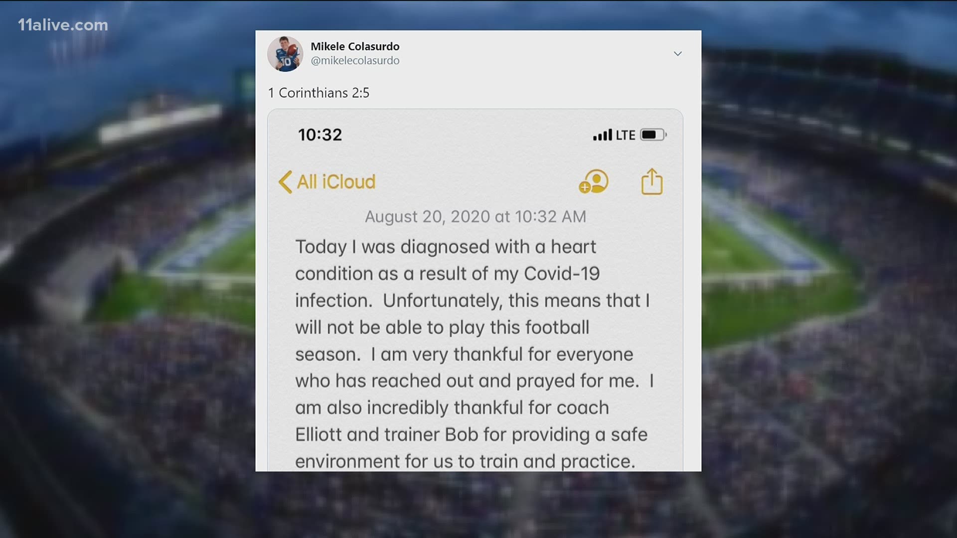 Panthers freshman quarterback Mikele Colasurdo said on Twitter that GSU protocols helped him discover the condition.