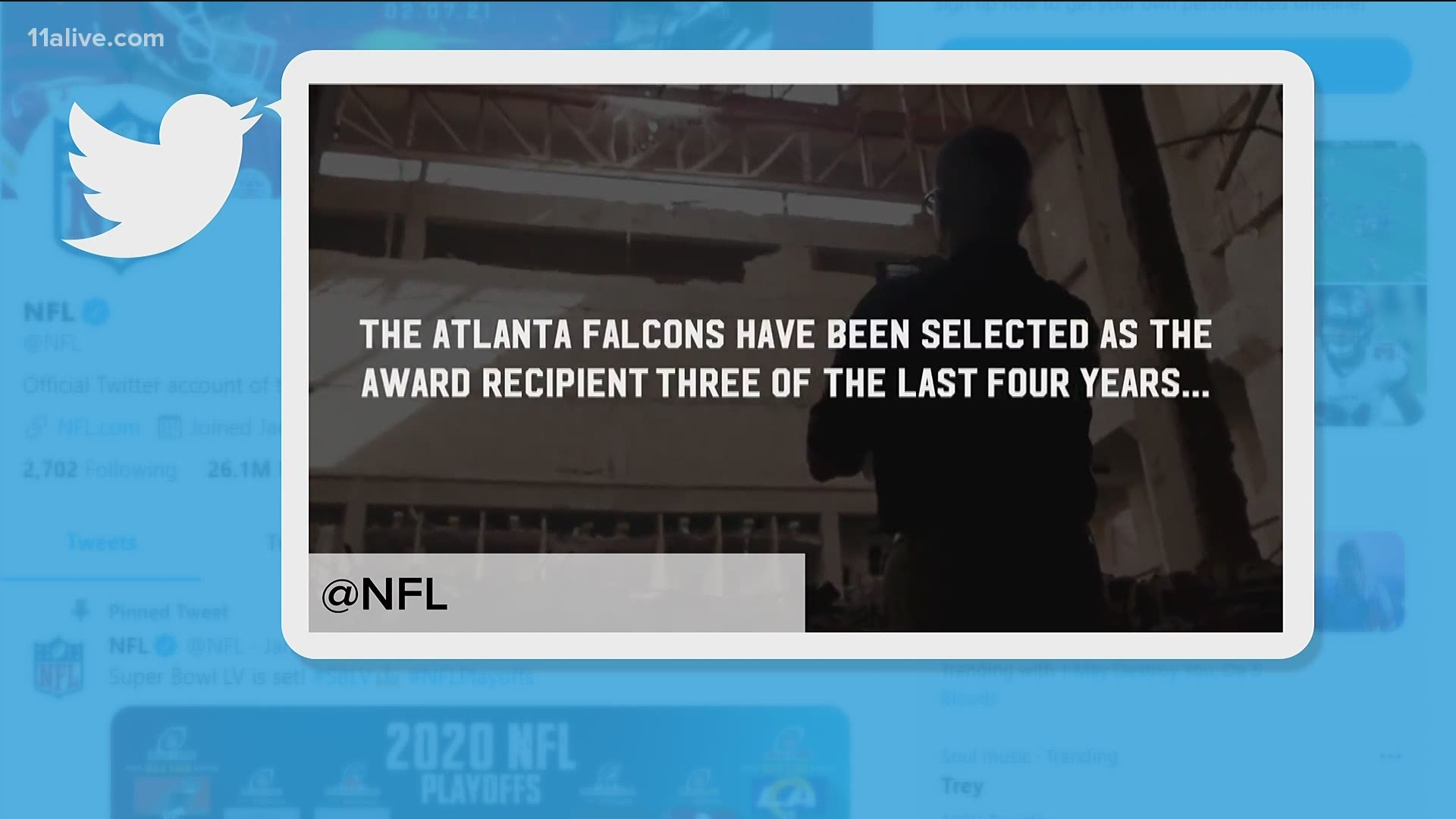 The Falcons have won the award four of the last five years.