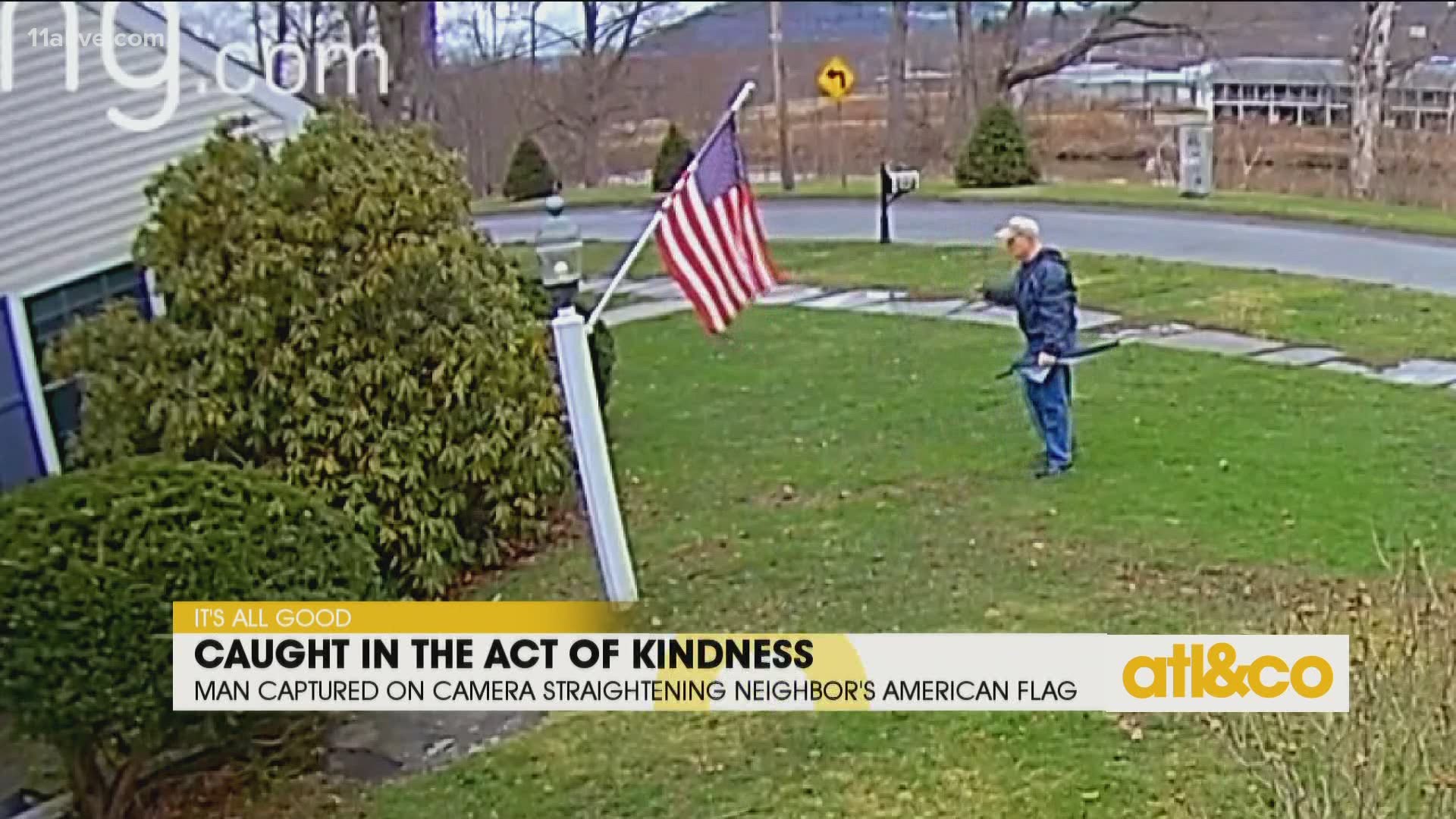 An act of kindness caught on camera. Watch this neighbor straighten out the American flag and salute before going on his way.