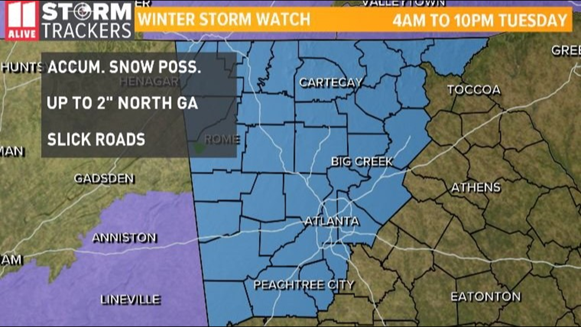 Winter Storm Watch means we could see accumulating snow in parts of our area. 1 to 2 inches  of snow possible.