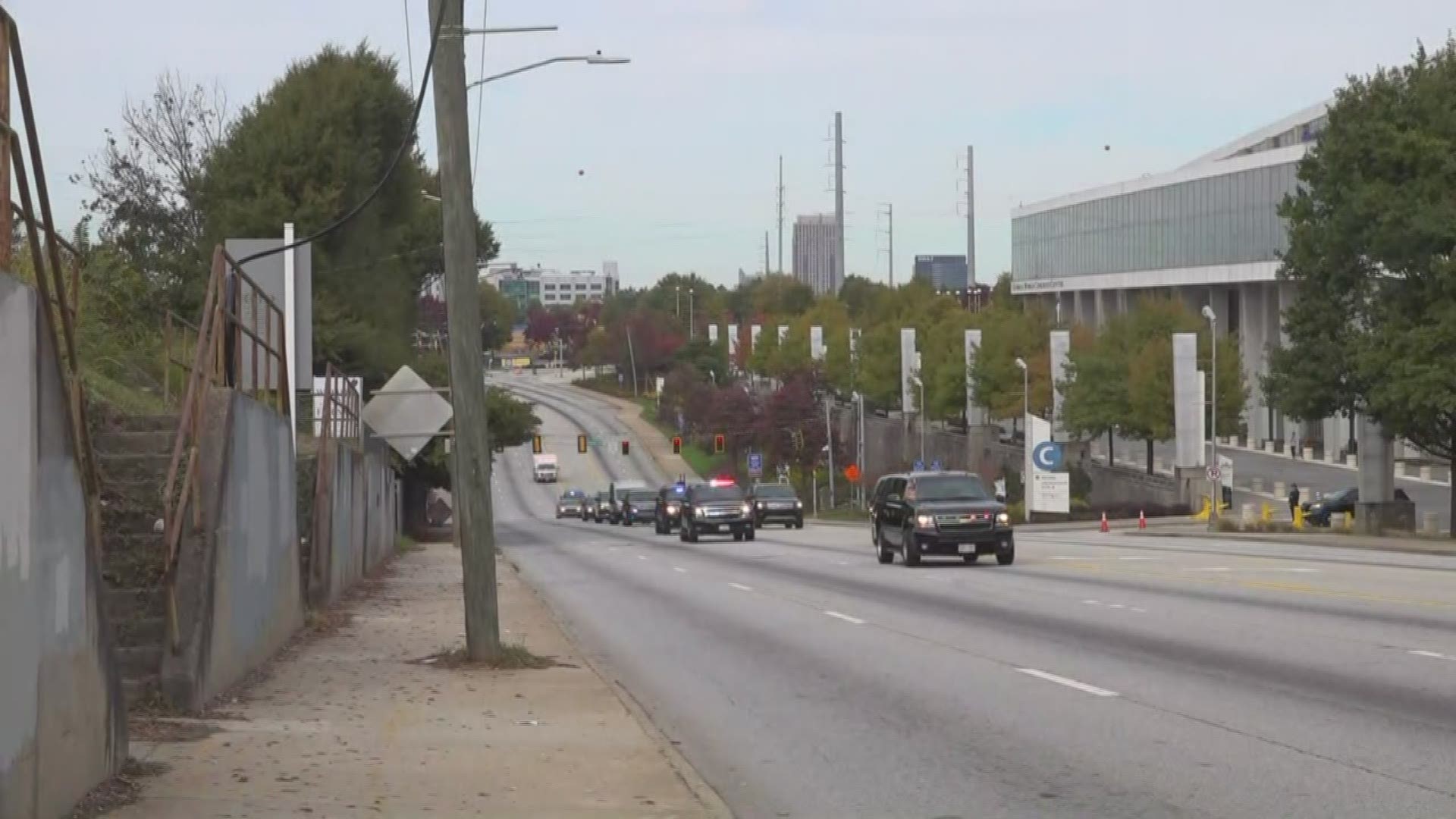 The motorcade was seen along Northside Drive just after 2 p.m. in Atlanta.