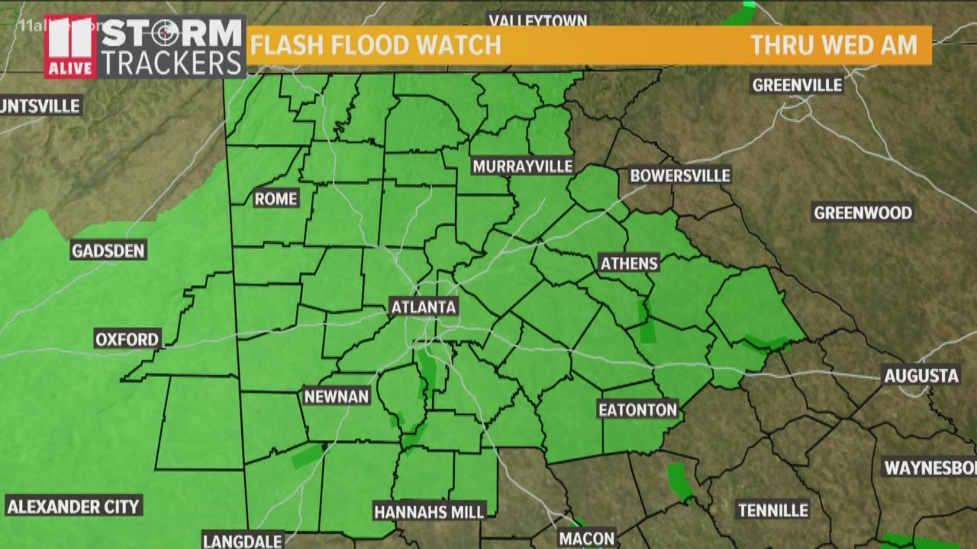 A flash flood watch that remains in effect through Wednesday morning.
