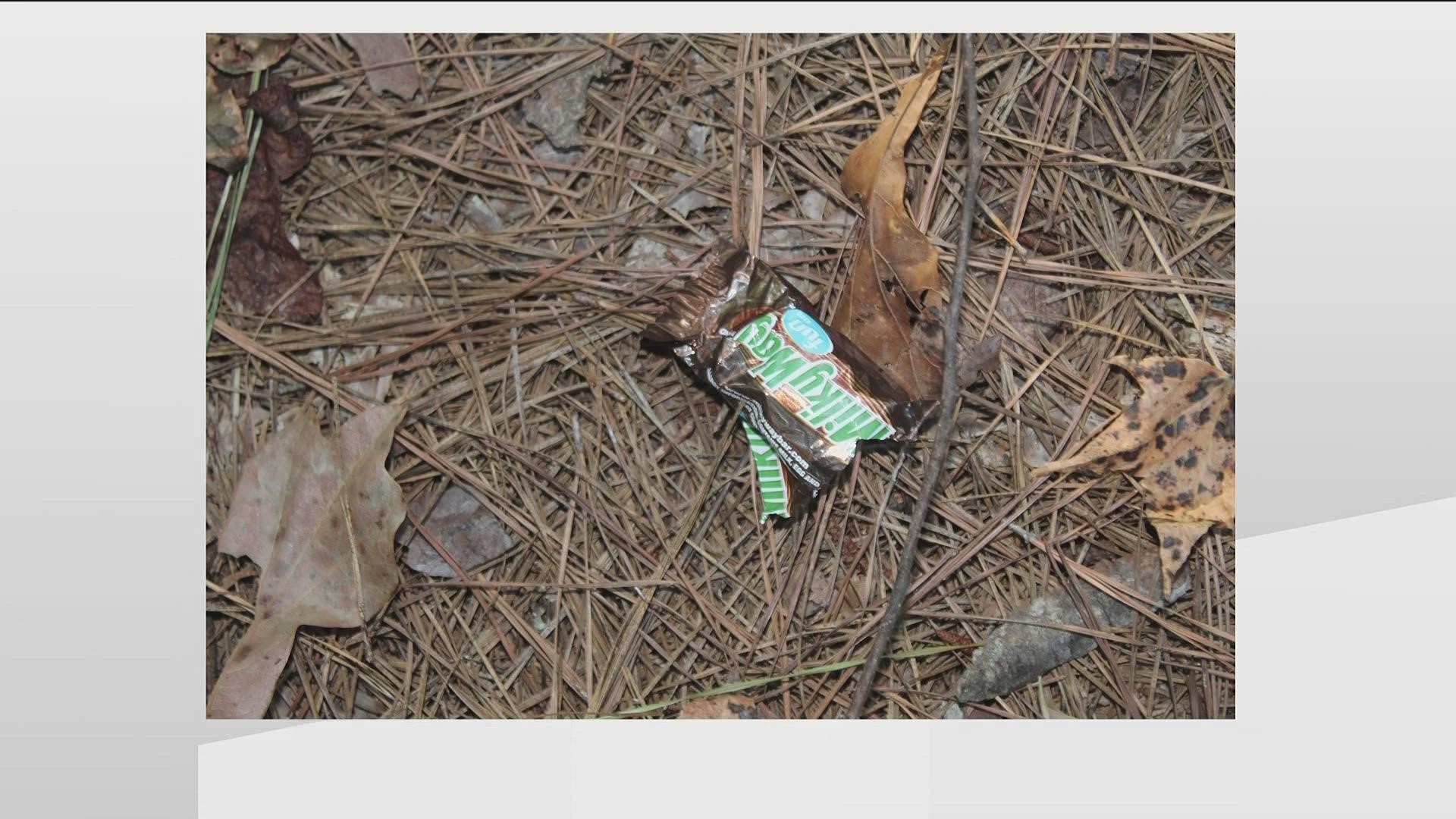 Suspects left behind a trail of fun-sized Milky Way's, satisfying their cravings for sweets on a nearby trail.