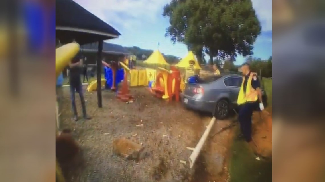 Body camera video shows what happened after car crashes into playground ...