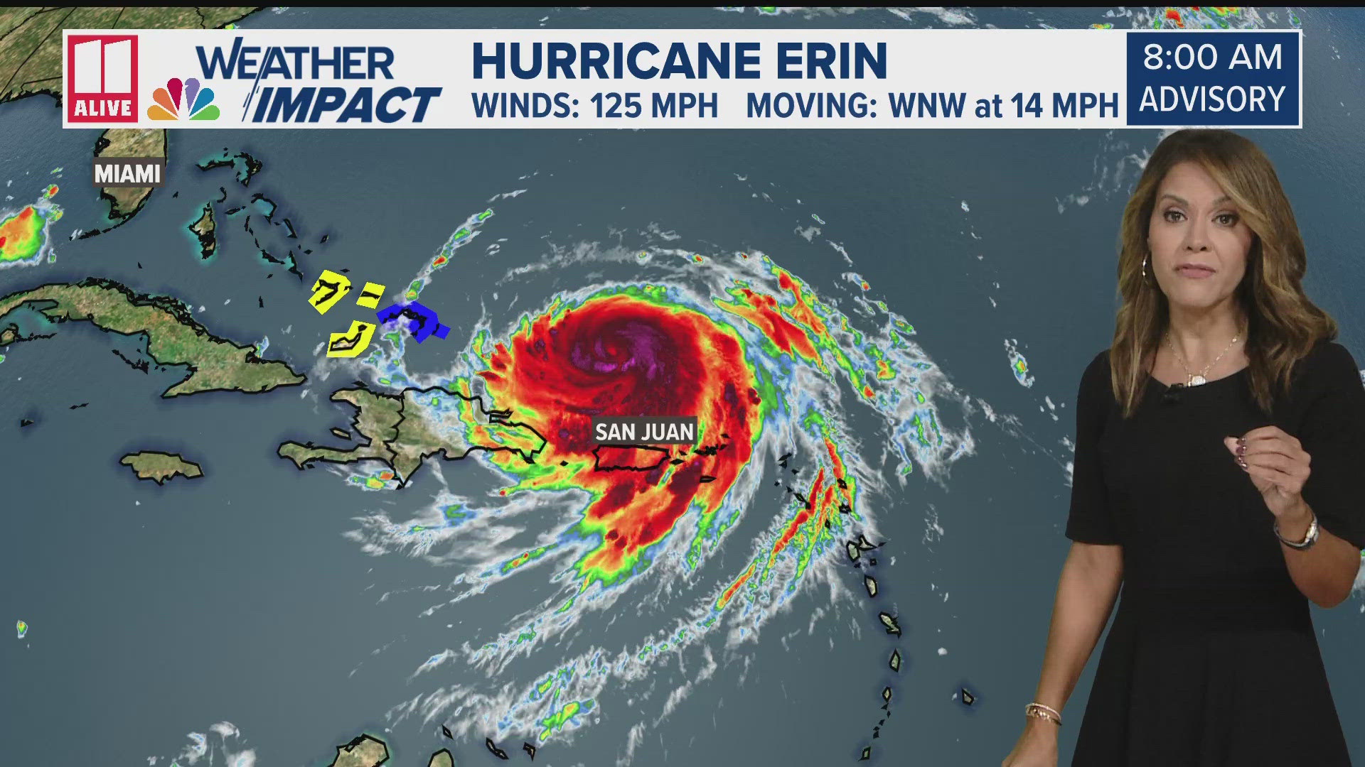 The storm is down to a Category 3 storm moving over Puerto Rico after reaching Cat 5 status on Saturday.